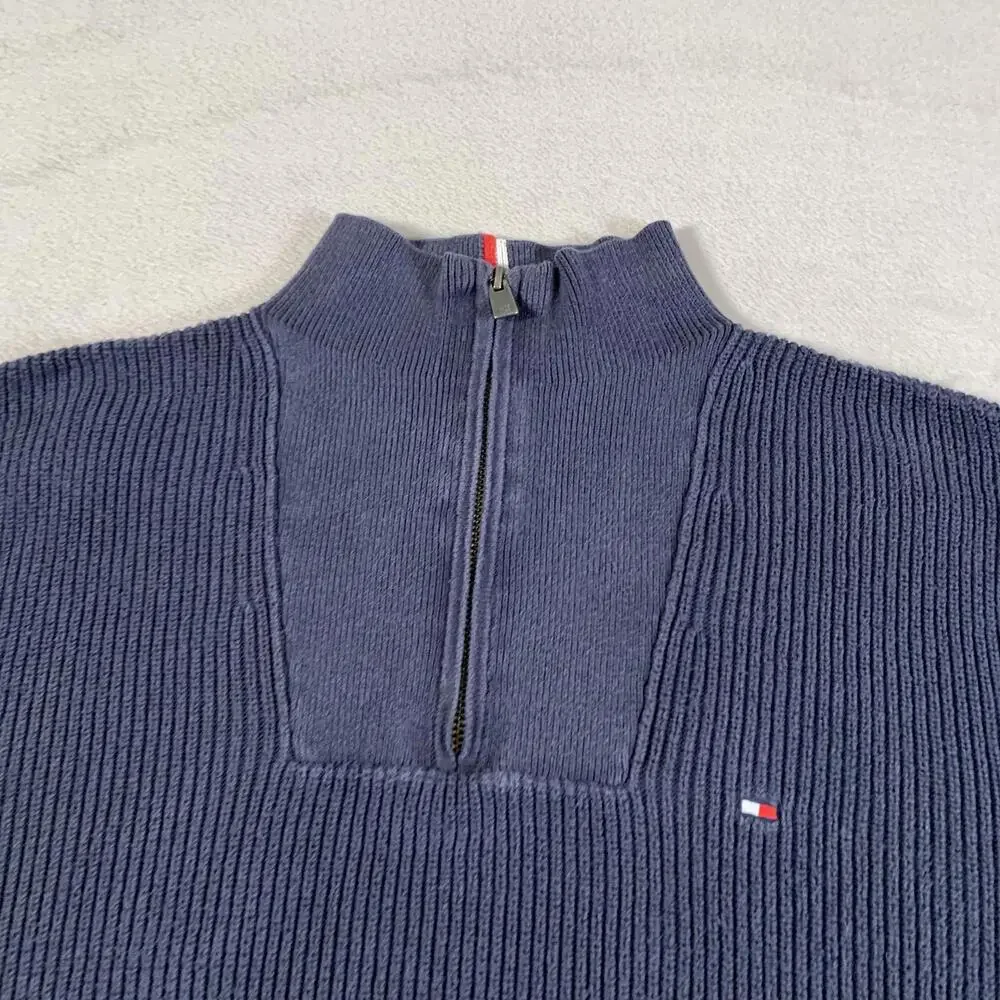 Tommy Hilfiger Sweater Mens XL Navy Blue 1/4 Zip‎ Pullover 100% Cotton Rib Knit